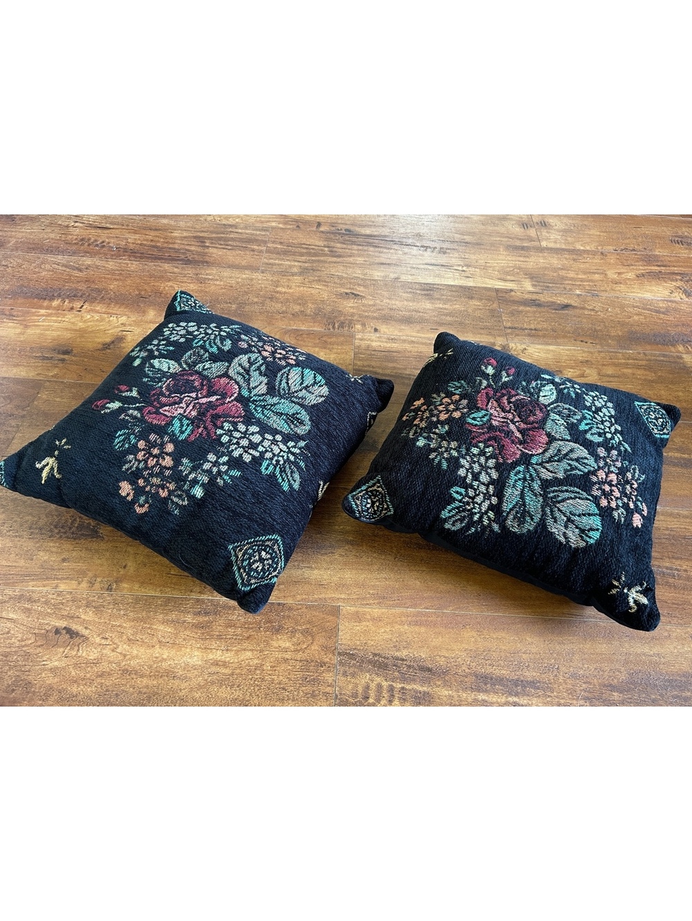 Pair of Vintage Black Floral Embroidered Throw Pillows